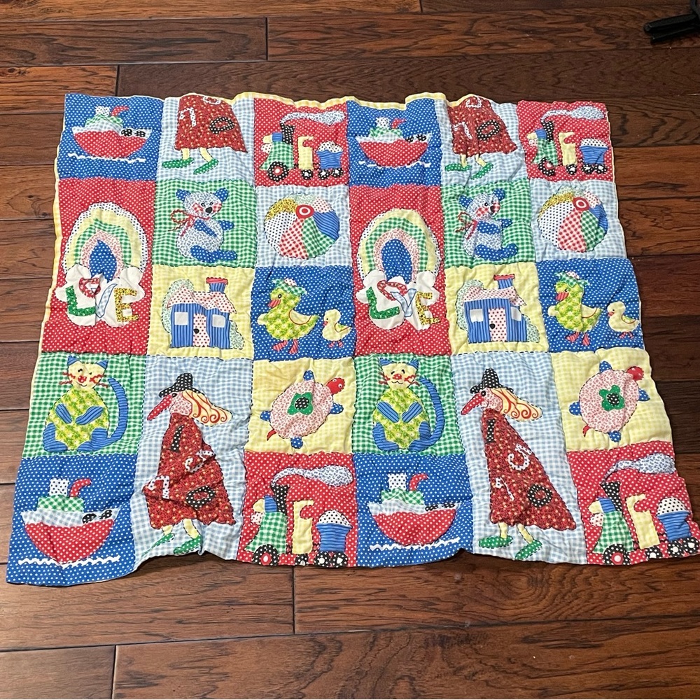 VTG Handmade Baby Quilt Comforter Blanket Plaid Gingham Bear Train Duck 38”x34”